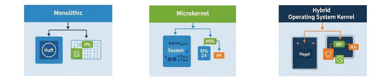 Diagrama comparativo de las estructuras Monolítico, Microkernel e Híbrido